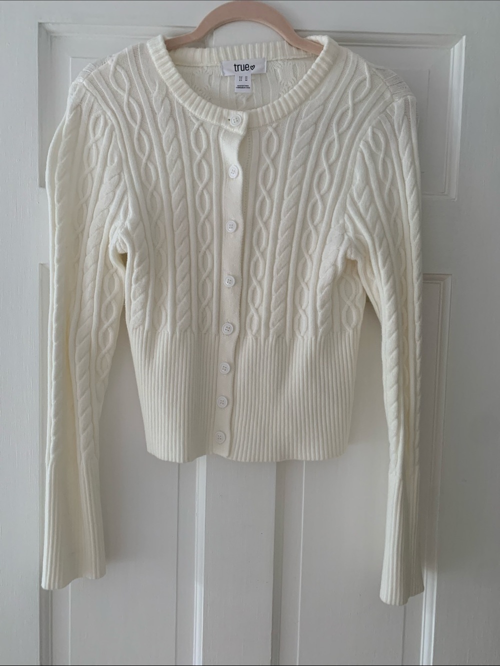 True & Co. Cream Cable Knit Button-Front Sweater